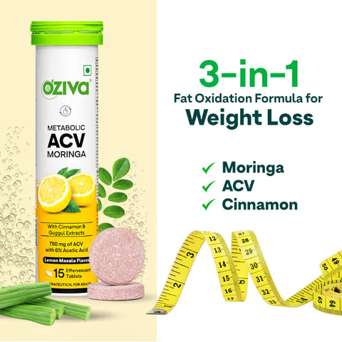 Oziva Acv Moringa | Control Cravings I Apple Cider Vinegar, Cinnamon, Guggul I No Maltodextrin & No Added Sugar I 15 Effervescent Tablets - Lemon Masala, (15 Tablets)