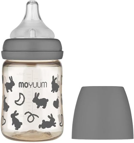 Moyuum PPSU All-in-One Feeding Baby Bottle with Nipple 170ml (0-3 months) - Anti Colic, BPA Free & Easy Clean Wide-Neck Non-Tip Stable Base - Rabbit Edition - Grey