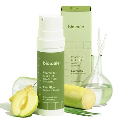 biocule Ever Glow Radiance Serum, Vitamin C Face Serum for Glowing Skin with Glycolic Acid from Kakadu Plum & Sugarcane, Skin Brightening & Glow, Oil Free Vitamin C Serum for All Skin Types