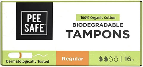 Pee Safe 100% Organic Cotton Tampons, Biodegradable - Regular, 16 Pack