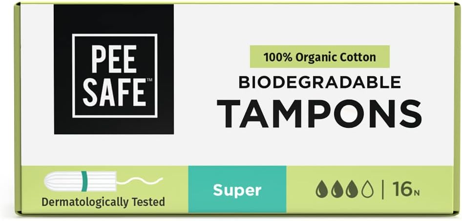 Pee Safe Organic Cotton Tampons - Extra-Soft, Super Absorbency, 16 Pack