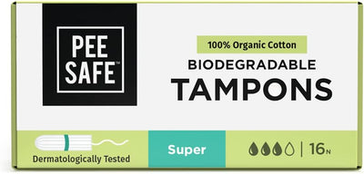 Pee Safe Organic Cotton Tampons - Extra-Soft, Super Absorbency, 16 Pack