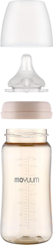 Moyuum PPSU All-in-One Feeding Baby Bottle with Nipple 270ml (+3 months) - Anti Colic, BPA Free & Easy Clean Wide-Neck Non-Tip Stable Base - Liama Edition - Beige