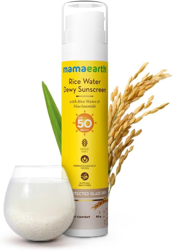 Mamaearth Rice Water Dewy Sunscreen - SPF 50, PA++++, Rice Water & Niacinamide - 50g
