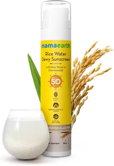 Mamaearth Rice Water Dewy Sunscreen - SPF 50, PA++++, Rice Water & Niacinamide - 50g