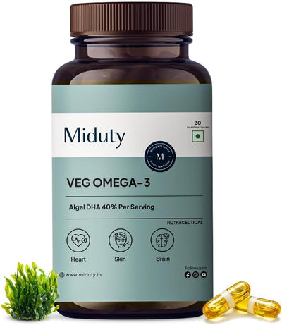Miduty Veg Omega-3 Capsules - 500mg Algal DHA & EPA, 30 Pack