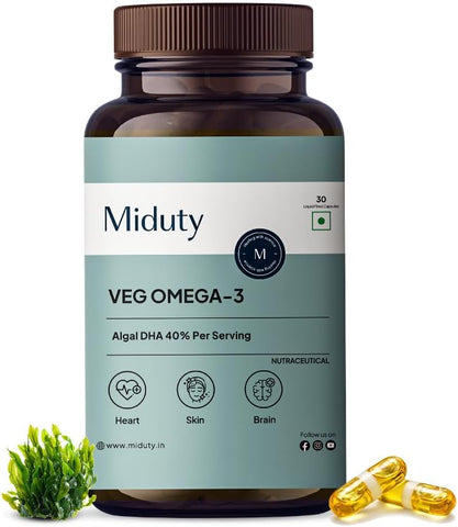 Miduty Veg Omega-3 Capsules - 500mg Algal DHA & EPA, 30 Pack