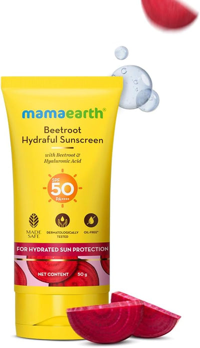 Mamaearth Beetroot Hydraful Sunscreen - SPF 50 PA++++, Hyaluronic Acid, 50g