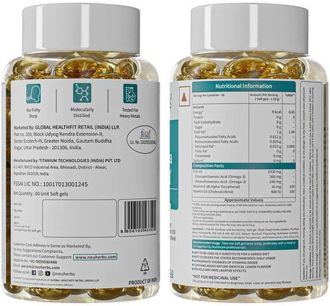 Neuherbs Mini Deep Sea Fish Oil Omega 3 Capsule 1000Mg- 60 Softgels