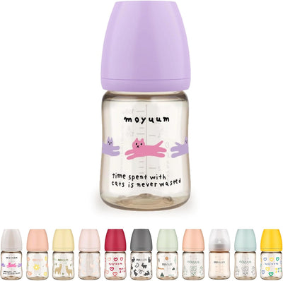 Moyuum PPSU All-in-One Feeding Baby Bottle with Nipple 170ml (0-3 months) - Anti Colic, BPA Free & Easy Clean Wide-Neck Non-Tip Stable Base - Cat Edition - Purple
