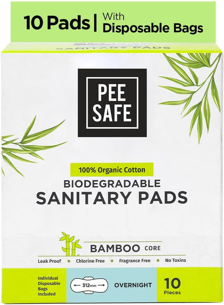 Pee Safe Overnight Biodegradable Sanitary Pads - 100% Organic Cotton & Bamboo, 10 Pads