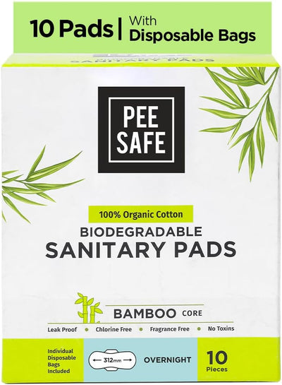 Pee Safe Overnight Biodegradable Sanitary Pads - 100% Organic Cotton & Bamboo, 10 Pads