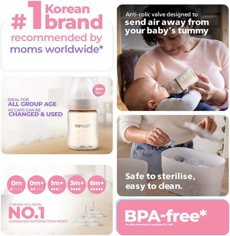 Moyuum PPSU All-in-One Feeding Baby Bottle with Nipple 170ml (0-3 months) - Anti Colic, BPA Free & Easy Clean Wide-Neck Non-Tip Stable Base - Cat Edition Grey