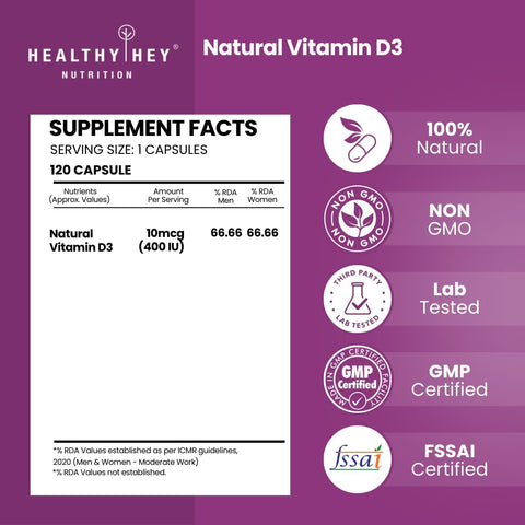 HealthyHey Vegan Vitamin D3 Capsules - Plant-Based, Non-GMO, 400 IU, 120 Count - Image 2