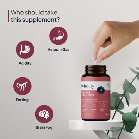 Miduty Betaine HCL + Pepsin for Improve Digestion, Acidity & Natural Digestive Health & Stomach Gut Support - 60 Capsules