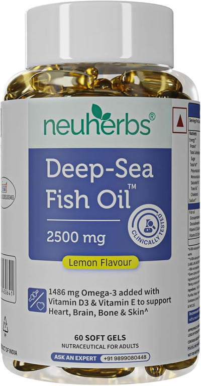 Neuherbs Deep Sea Fish Oil Softgels - Omega 3, Triple Strength 2500 Mg, Lemon Flavour - 60 Count