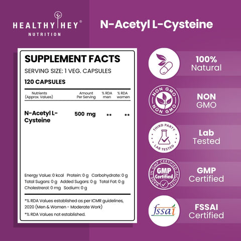 HealthyHey NAC 500mg - 120 Vegetarian Capsules - Non-GMO, Gluten Free - Image 2