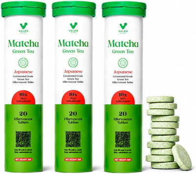 Valeo Matcha Green Tea Effervescent Tabs - Organic Ceremonial-Grade Matcha, 20 Tablets