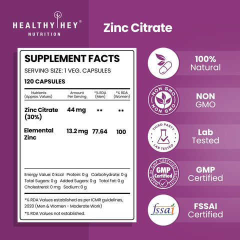 HealthyHey Zinc Citrate - Supports Immune System - 120 Veg Capsules - Image 2