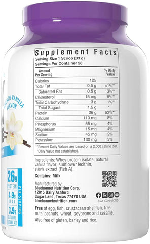 Bluebonnet Nutrition Whey Protein Isolate Vanilla Powder, 2 Lb 924G