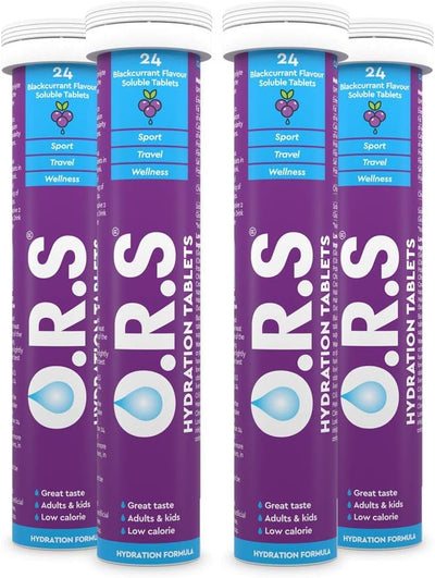 O.R.S Hydration Tablets with Electrolytes, Vegan, Gluten and Lactose Free Formula – Natural Blackcurrant Flavour, 96 Tablets (Pack of 4 x 24)