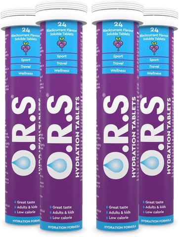 O.R.S Hydration Tablets with Electrolytes, Vegan, Gluten and Lactose Free Formula – Natural Blackcurrant Flavour, 96 Tablets (Pack of 4 x 24)