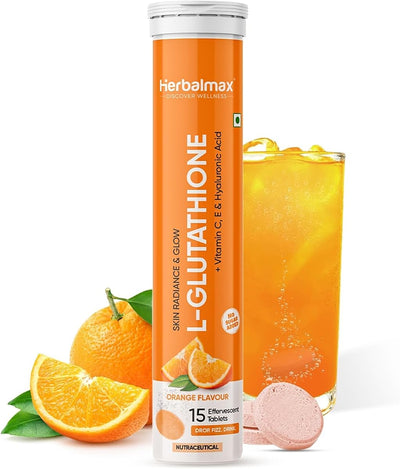 Herbal Max Beauty Effervescent Tablets - Glutathione with Vitamin C, Hyaluronic Acid & Biotin, 15 Count, Orange Flavour