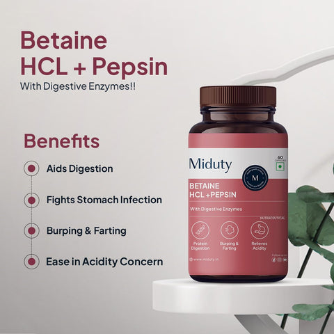 Miduty Betaine HCL + Pepsin for Improve Digestion, Acidity & Natural Digestive Health & Stomach Gut Support - 60 Capsules