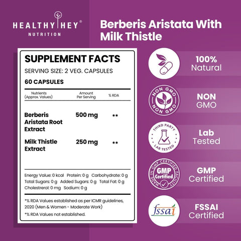 HealthyHey Berberis Berberine 95% with Milk Thistle Capsules - 60 Count - Image 2