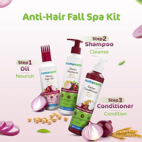 Mamaearth Anti Hair Fall Spa Kit with Onion Extract - 150ml Oil, 250ml Shampoo & Conditioner - Image 3