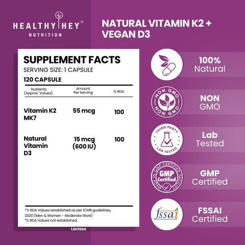 HealthyHey Natural Vitamin K2 + D3 - Non-GMO, 120 Veg Capsules - Image 3