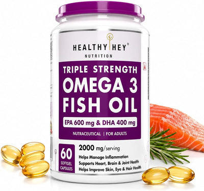 HealthyHey Fish Oil Omega 3 Softgels - Triple Strength EPA 600 DHA 400 - 60 Count
