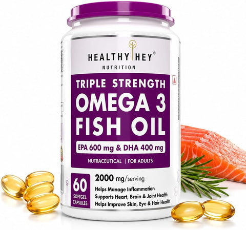 HealthyHey Fish Oil Omega 3 Softgels - Triple Strength EPA 600 DHA 400 - 60 Count