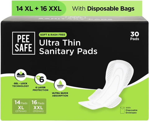 Pee Safe Ultra Thin Sanitary Pads with Gel Lock - 30 Pads (14 XL, 16 XXL)