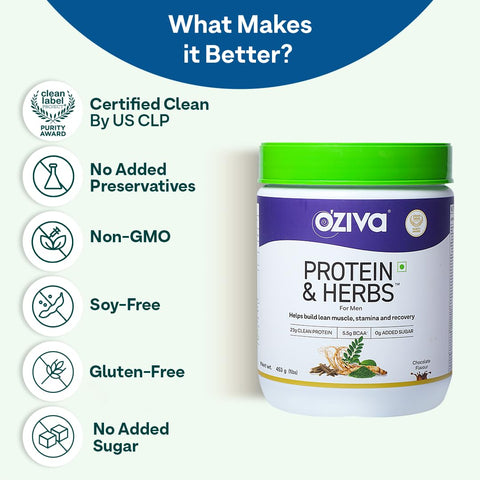 OZiva Protein & Herbs For Men, Chocolate Flavor, 500G Natural Protein Powder For Weight Control, Better Metabolism & Hormonal Balance, 23G Whey Protein, Ayurvedic Herbs, Certified Clean