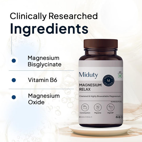 Miduty Chelated Magnesium Bisglycinate (Glycinate) - 60 Veg Capsules