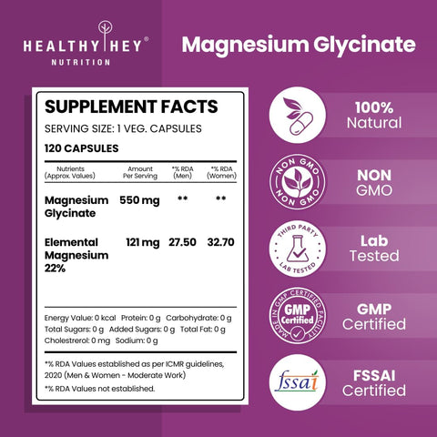 HealthyHey Nutrition Magnesium Glycinate - High Absorption, 550mg - 120 Capsules - Image 2