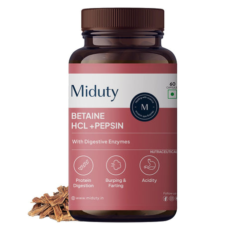 Miduty Betaine HCL + Pepsin for Improve Digestion, Acidity & Natural Digestive Health & Stomach Gut Support - 60 Capsules