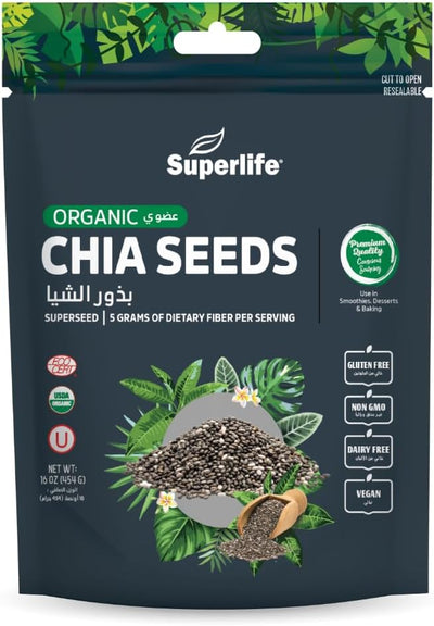 Superlife Organic Chia Seeds - High in Omega 3 & Fibre - 454g