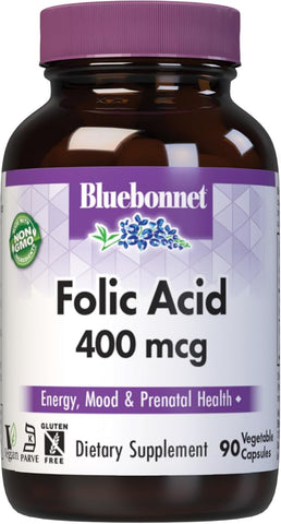 Bluebonnet Folic Acid 400 mcg - Vegan, Prenatal Health, 90 Capsules