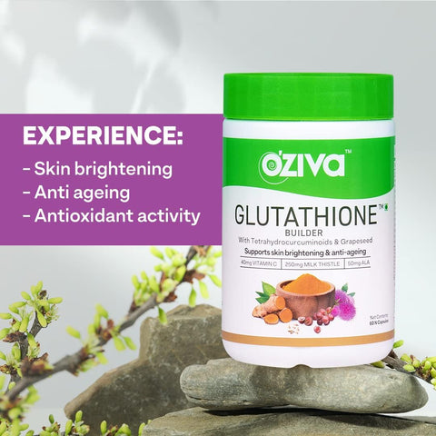 Oziva Plant Based Glutathione Builder | Glutathione Tablets For Skin Glow & Anti-Ageing | Sugar Free, Antioxidant Supplements With Grapeseed, Vitamins C & E, Selenium, 60 Veg Capsules