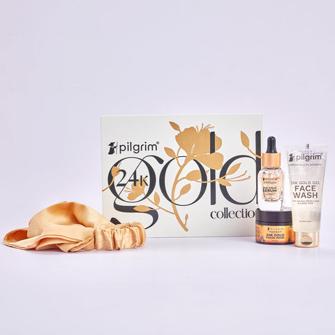 Pilgrim 24K GOLD FACIAL KIT For Instant Radiance & Golden Glow with 5 easy steps | with 24K Gold Gel Face Wash, 24K Gold Facial Mask, 24K Gold Serum, Gold Satin Hairband | All Skin types | 30 Gm