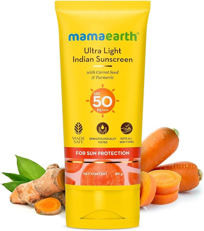 Mamaearth Ultra Light Indian Sunscreen SPF50 PA++++ - Carrot Seed & Turmeric, 80g