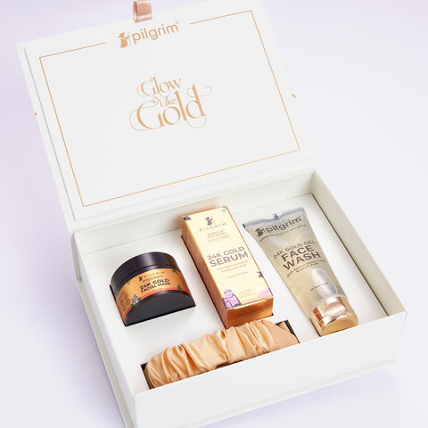 Pilgrim 24K GOLD FACIAL KIT For Instant Radiance & Golden Glow with 5 easy steps | with 24K Gold Gel Face Wash, 24K Gold Facial Mask, 24K Gold Serum, Gold Satin Hairband | All Skin types | 30 Gm