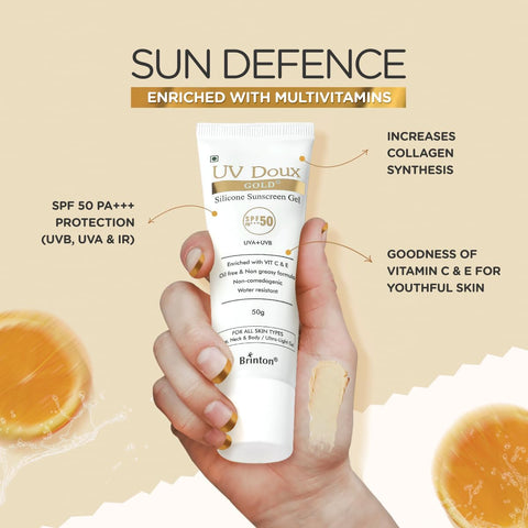 Brinton UV Doux Gold Silicone Sunscreen Gel SPF 50 PA+++ with Vitamin C & E, 50g - Image 2