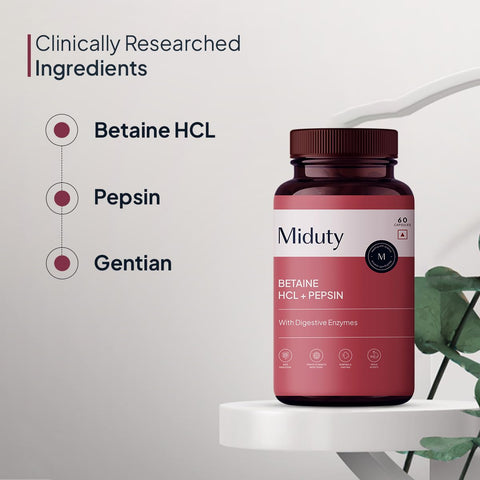 Miduty Betaine HCL + Pepsin for Improve Digestion, Acidity & Natural Digestive Health & Stomach Gut Support - 60 Capsules