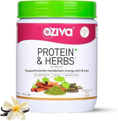 Oziva Protein & Herbs For Women, Vanilla Almond, 500G Natural Protein Powder For Weight Control, Better Metabolism & Hormonal Balance, 23G Whey Protein, Ayurvedic Herbs, Certified Clean
