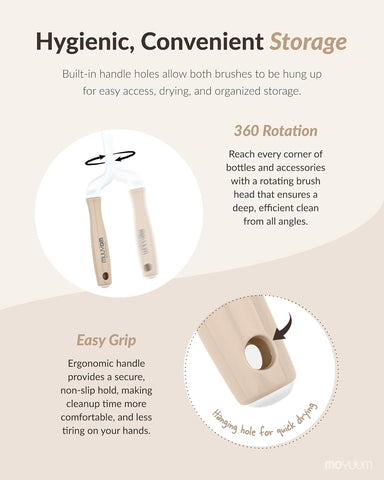 Moyuum Silicone Bottle Cleaning Brush Set Spong Bottle & Nipple Brus with 360° Rotating Handle – Soft, Scratch-Free Bristles for Baby Bottles, Nipples & Glasses, Quick-Drying and Durable (Grey)