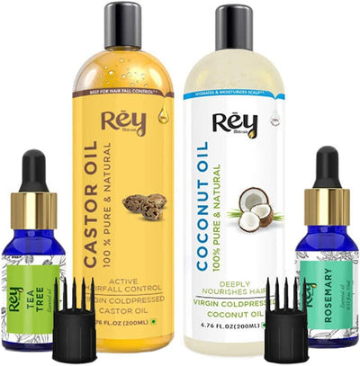 مجموعة زيوت الشعر Rey Naturals/مجموعة العناية بالشعر (زيت الخروع + زيت جوز الهند + زيت شجرة الشاي + زيت إكليل الجبل) للتحكم في تساقط الشعر
