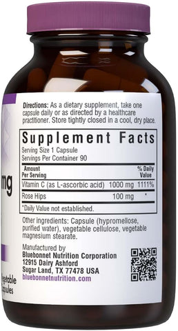 BlueBonnet Vitamin C 1000mg Plus Rose Hips - 90 Vegan Capsules - Image 2